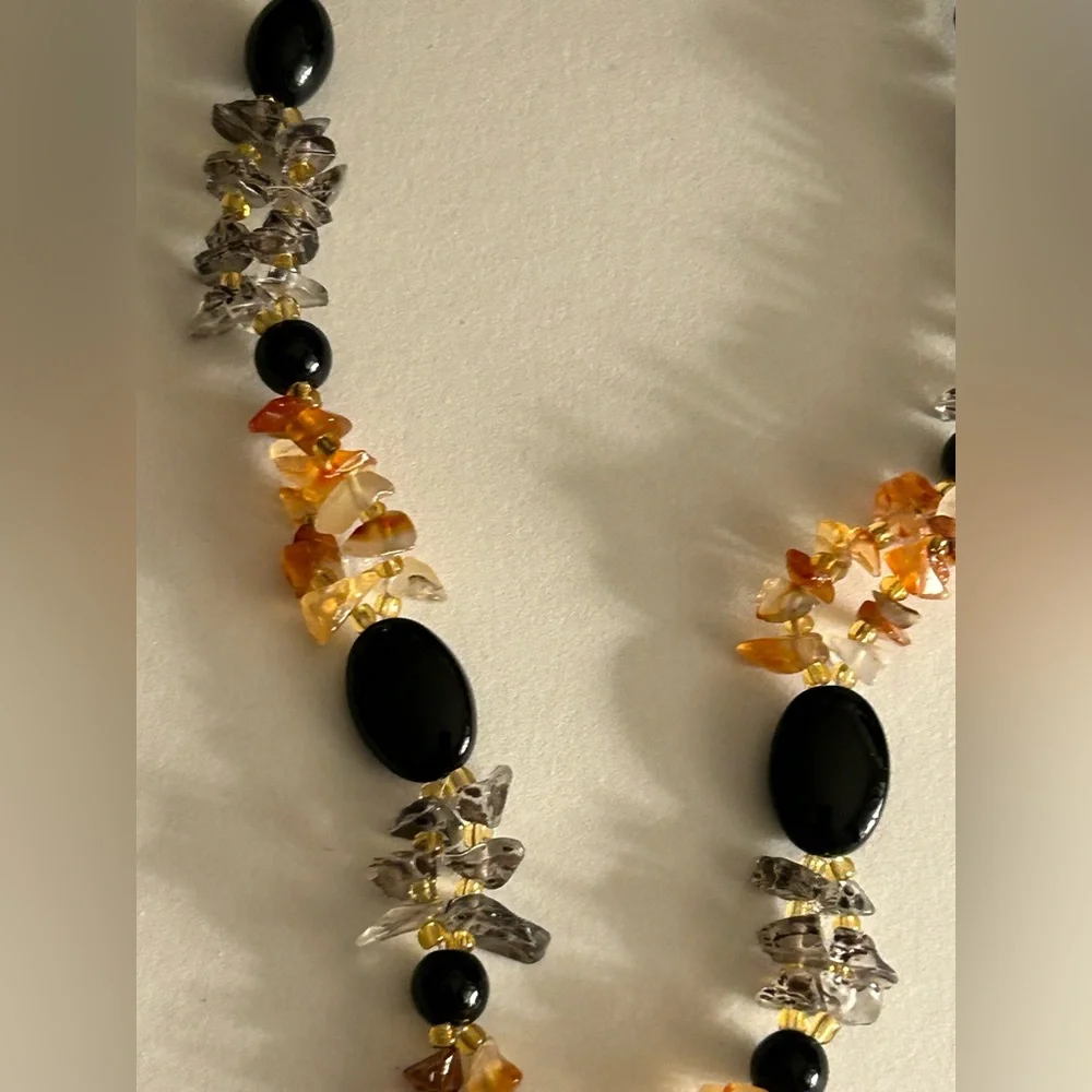 Necklace Artisan Jade flower tassel, Onyx, Rutilated Quartz, Carnelian beads